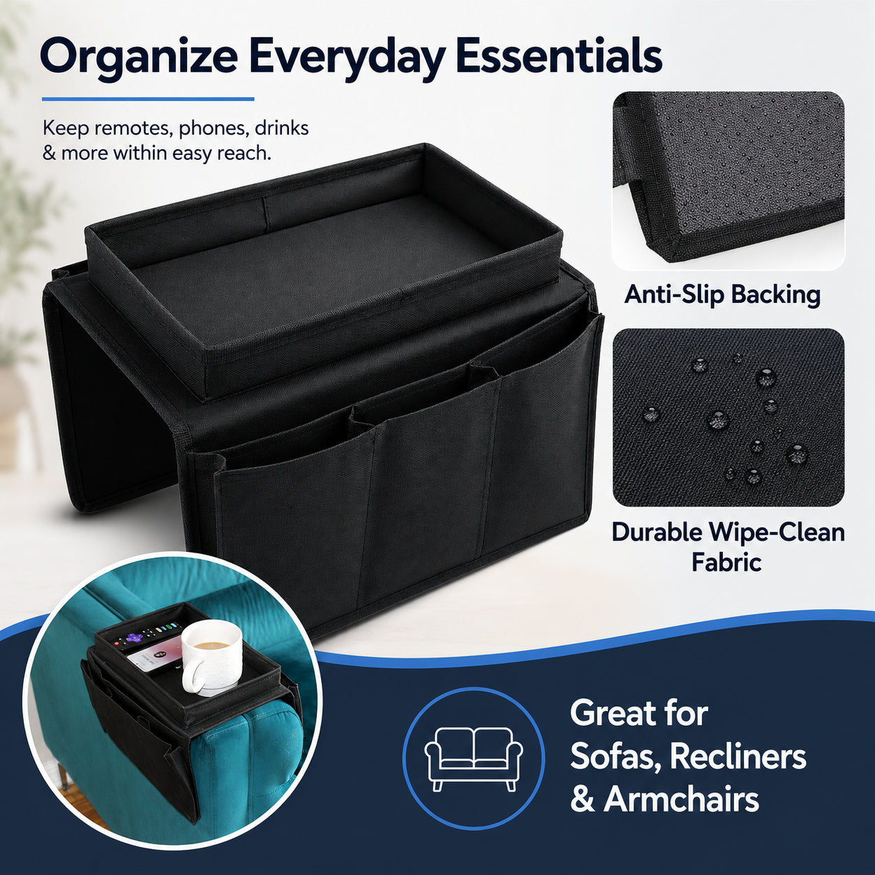 Sofa Armrest Organizer Remote Control Holder Couch Caddy Tray Table Black