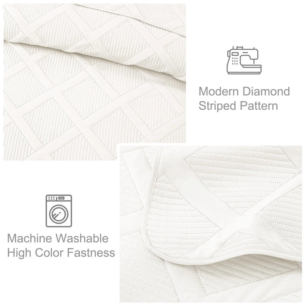 Ultrasonic King Quilt Set, 3-Piece Lightweight Bedspreads Modern Striped Coverlet, White