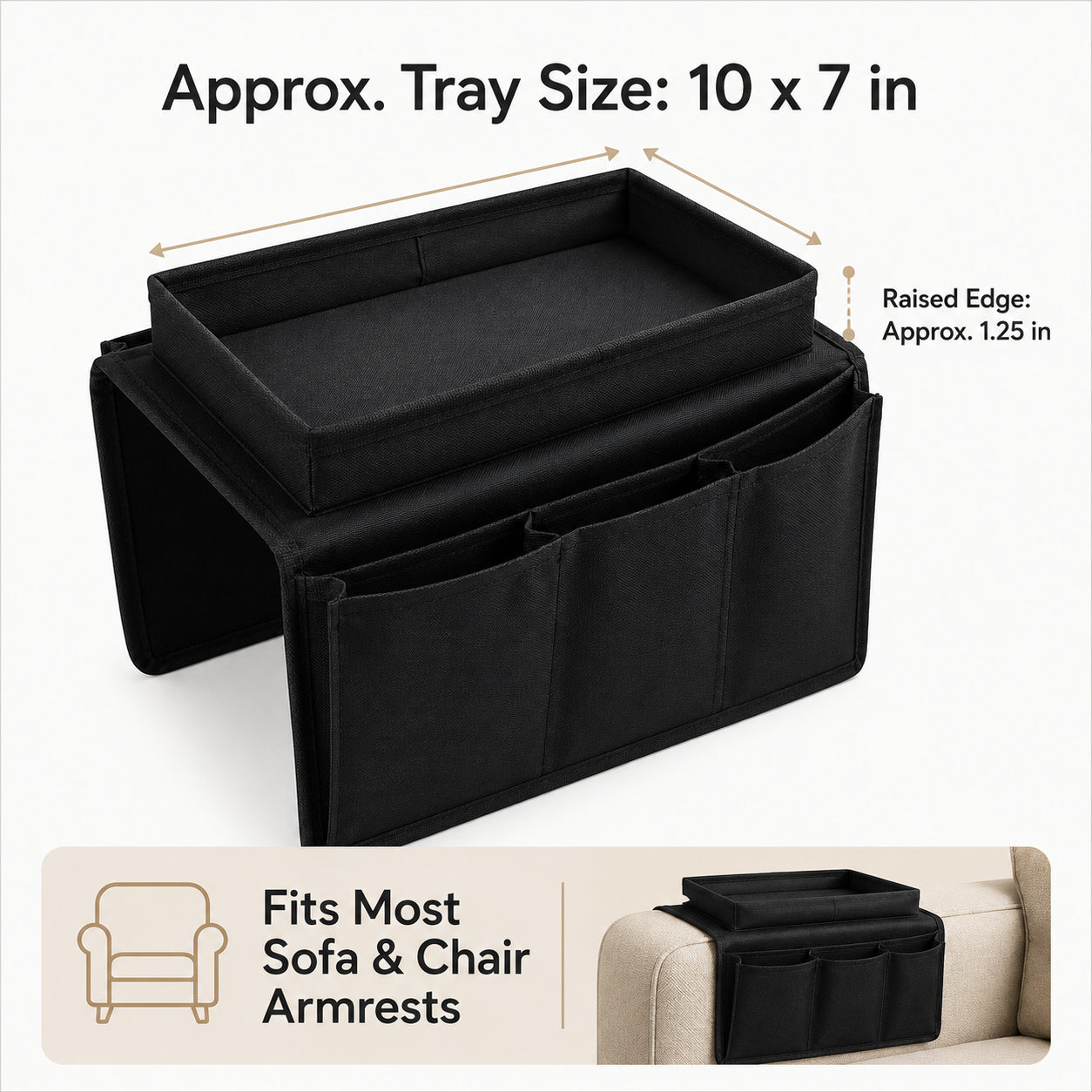 Sofa Armrest Organizer Remote Control Holder Couch Caddy Tray Table Black