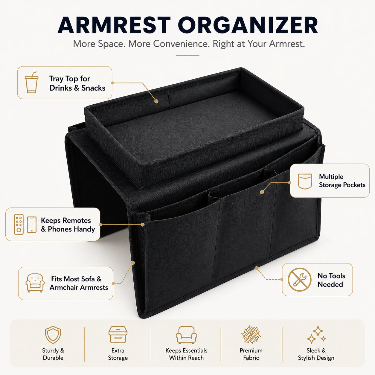 Sofa Armrest Organizer Remote Control Holder Couch Caddy Tray Table Black